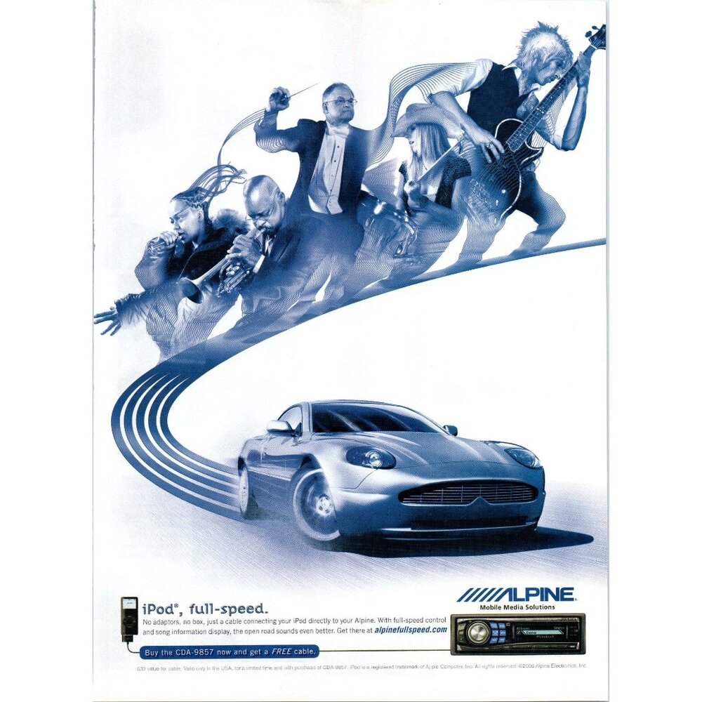 2006 Alpine Car Stereo Audio Vintage Print Ad Aston Martin Coupe iPod Wall Art